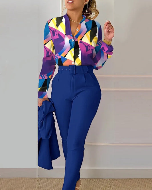 Chic Office Duo: V-Neck Shirt + Floral Print Pants Set for Effortless Elegance!