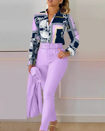 Chic Office Duo: V-Neck Shirt + Floral Print Pants Set for Effortless Elegance!