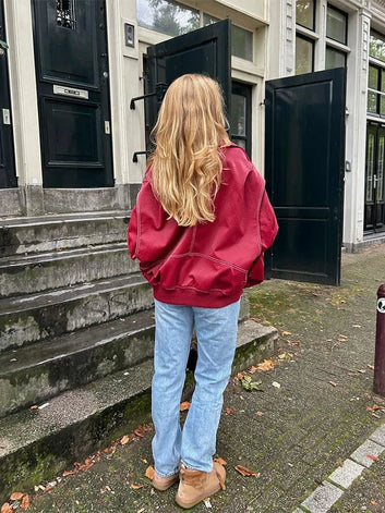 Contrast Stitching Red Lapel Long Sleeve Zippered Leather Coat
