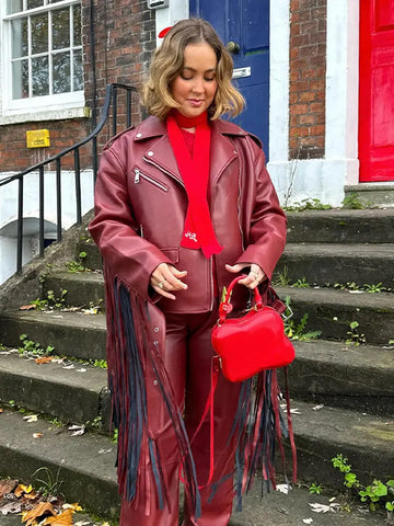 Chic Red Tassels Short Faux Leather Jacket